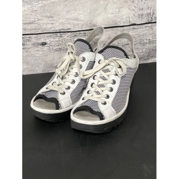 Fly London Yedu Platform size 8B Lace up Wedge Heel Women’s Shoes White Black - Picture 2 of 12